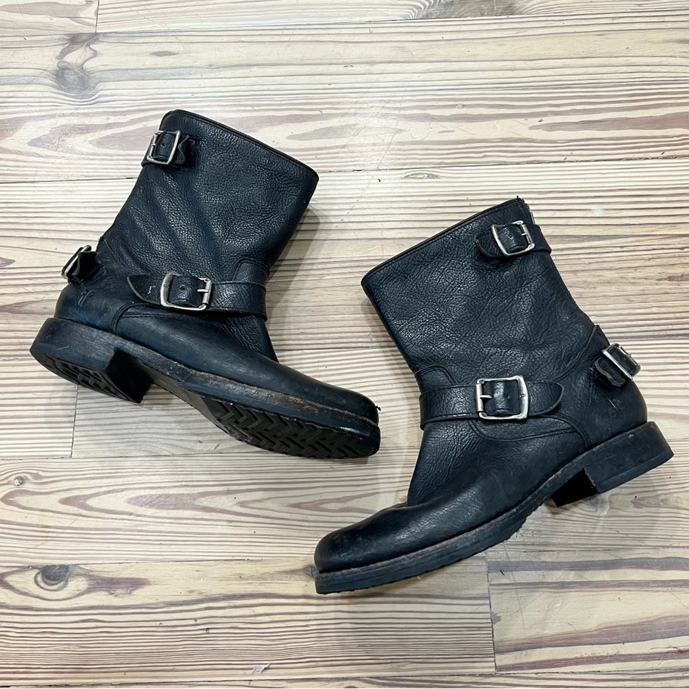 Frye Veronica Black Leather Back Zipper Buckle Ankle Boots